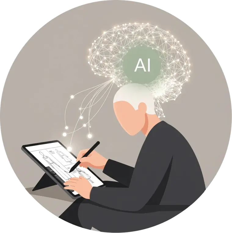 Illustration: a designer sketching on a tablet beneath a glowing neural network labelled AI.