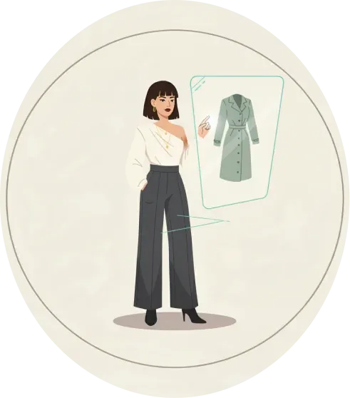 Illustration: a shopper stands beside a translucent garment projected in mid-air, previewing a coat by virtual try-on.