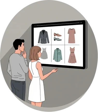 Illustration: two colleagues reviewing a wall-sized screen showing a grid of garments &mdash; jacket, shoes and dresses.