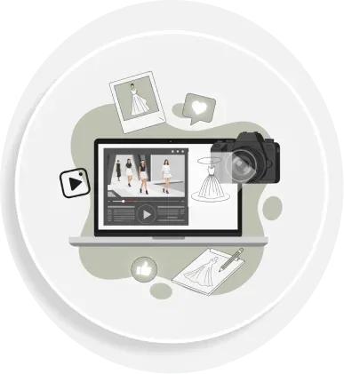 Illustration: a laptop running a fashion catalogue, surrounded by lookbook photos, a camera and design sketches.